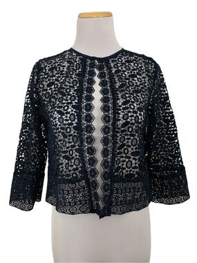 Zara Crochet Open Lace Eyelet Cropped Jacket Cardigan Women’s S Navy Blue Bolero